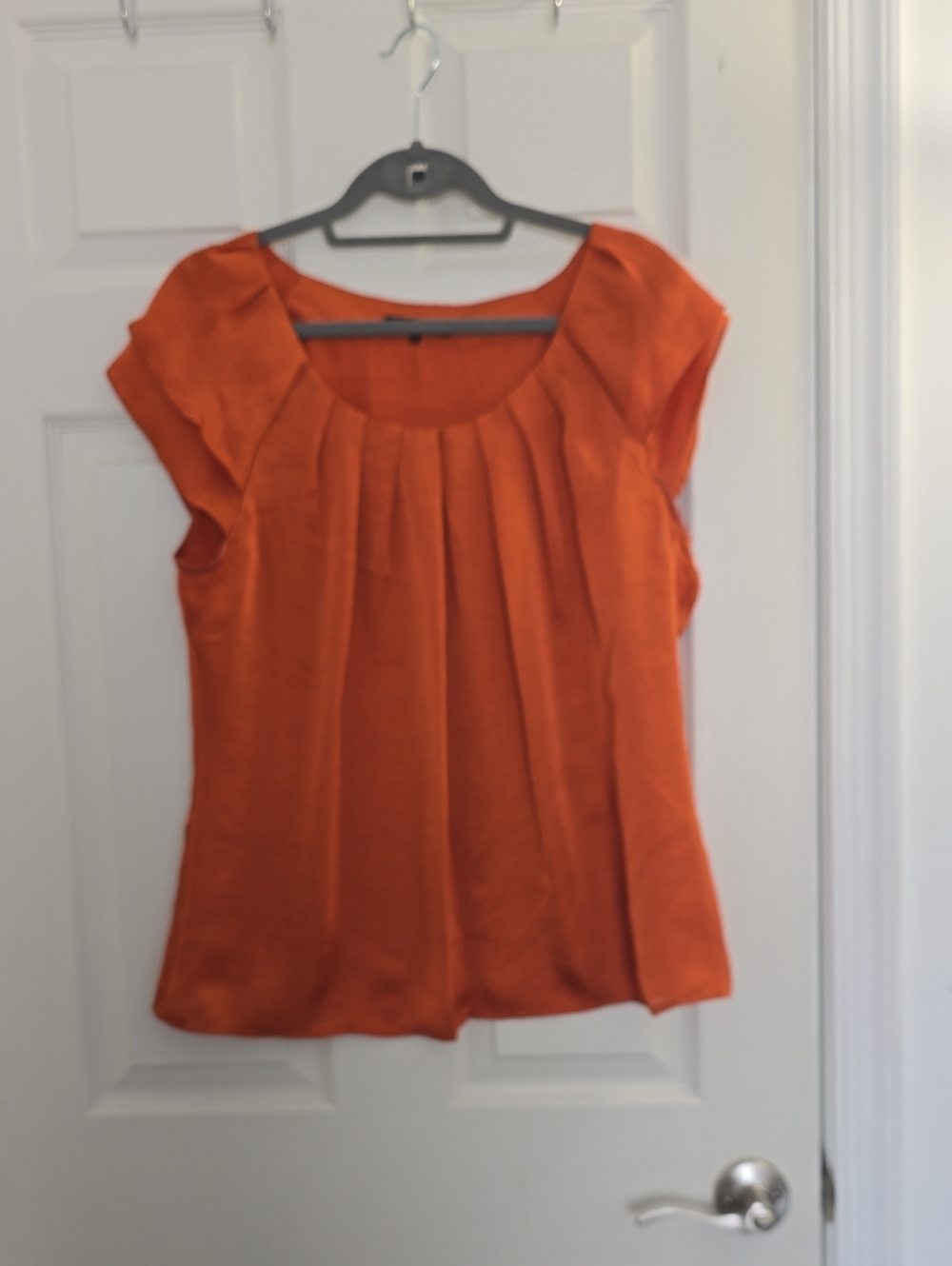 Women's Orange Pleated Cap-Sleeve Top